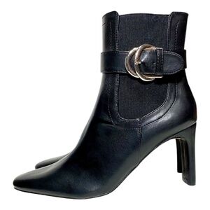NY&C Women’s Size 9 Black Vegan Leather Double Block Heel Boots Silver Buckle